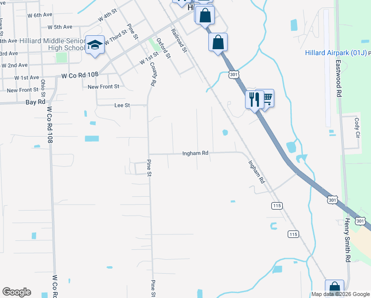 map of restaurants, bars, coffee shops, grocery stores, and more near 37054 South Pine Street in Hilliard
