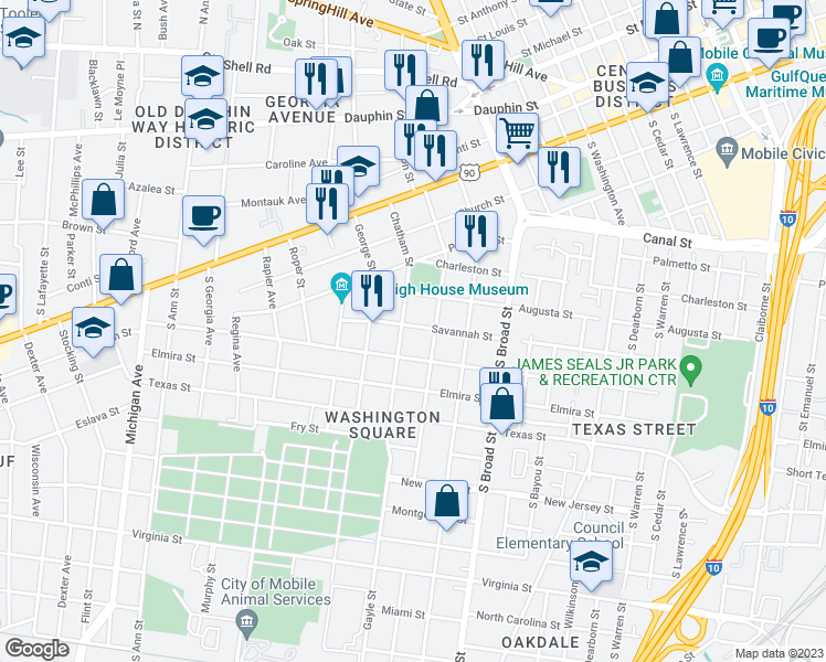 map of restaurants, bars, coffee shops, grocery stores, and more near 1011 Savannah Street in Mobile