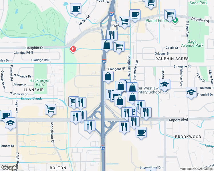 map of restaurants, bars, coffee shops, grocery stores, and more near 171 East I-65 Service Road South in Mobile