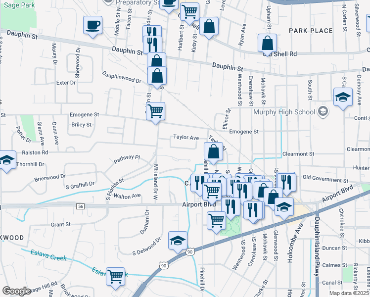 map of restaurants, bars, coffee shops, grocery stores, and more near 2456 Richard Avenue in Mobile