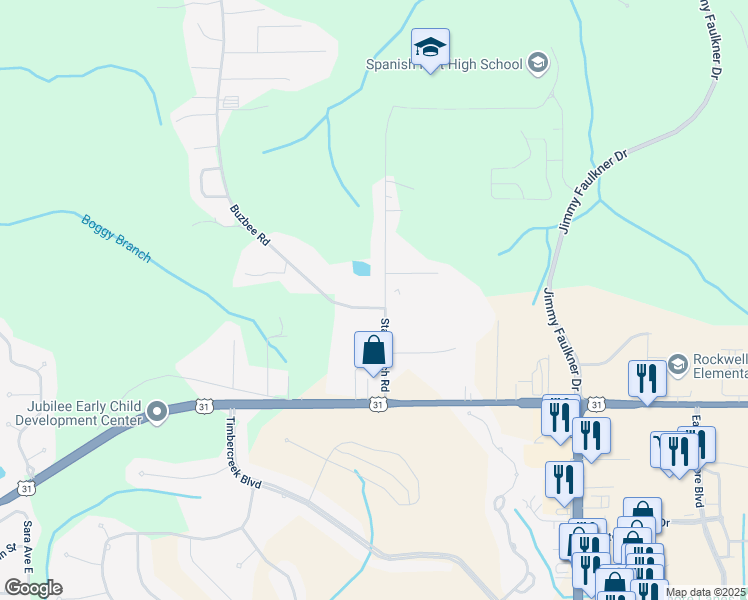 map of restaurants, bars, coffee shops, grocery stores, and more near 31331 Stagecoach Road in Spanish Fort