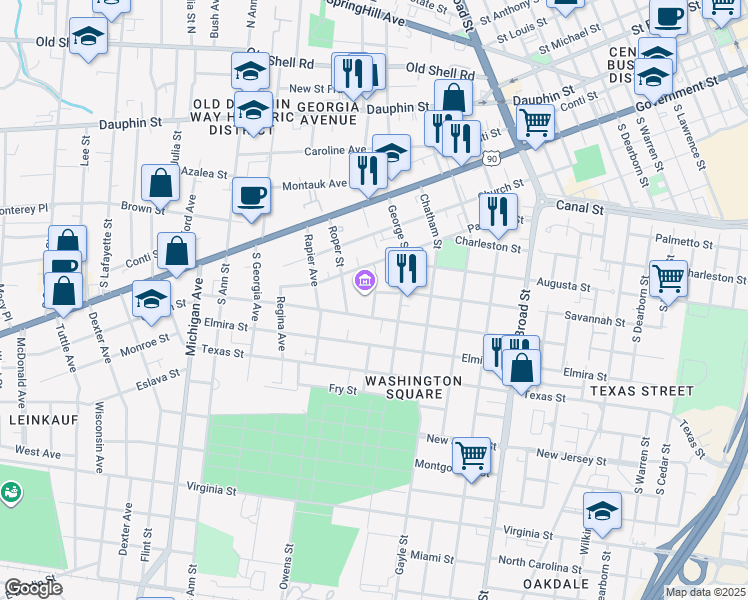 map of restaurants, bars, coffee shops, grocery stores, and more near 350 Oakleigh Place in Mobile