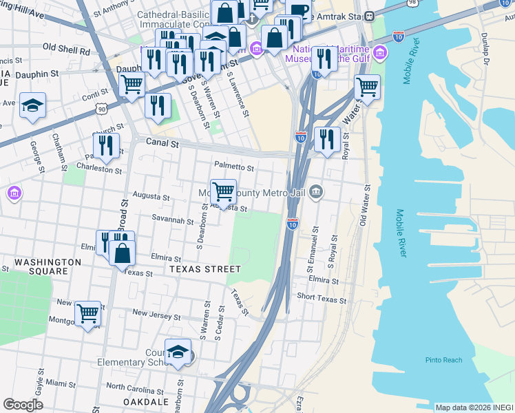 map of restaurants, bars, coffee shops, grocery stores, and more near 408S South Lawrence Street in Mobile