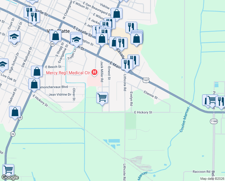 map of restaurants, bars, coffee shops, grocery stores, and more near Etienne Street in Ville Platte