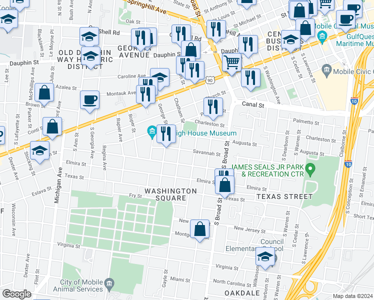 map of restaurants, bars, coffee shops, grocery stores, and more near 1007 Savannah Street in Mobile