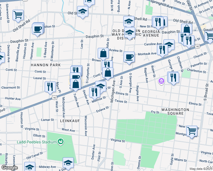 map of restaurants, bars, coffee shops, grocery stores, and more near 162 Michigan Avenue in Mobile