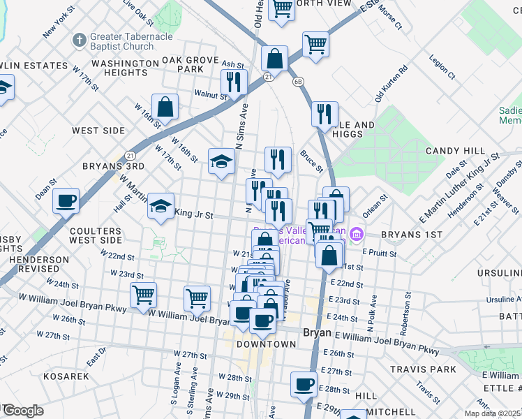 map of restaurants, bars, coffee shops, grocery stores, and more near 806 North Bryan Avenue in Bryan