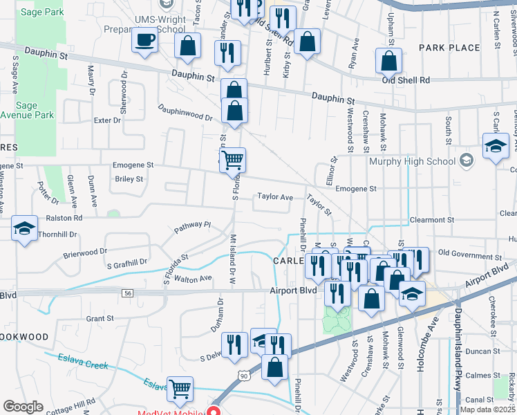 map of restaurants, bars, coffee shops, grocery stores, and more near 2510 Richard Avenue in Mobile