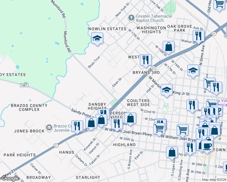 map of restaurants, bars, coffee shops, grocery stores, and more near 1600 Conlee Street in Bryan