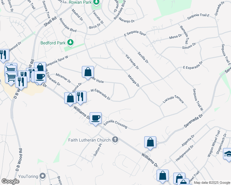 map of restaurants, bars, coffee shops, grocery stores, and more near 4105 Manzanita Drive in Georgetown