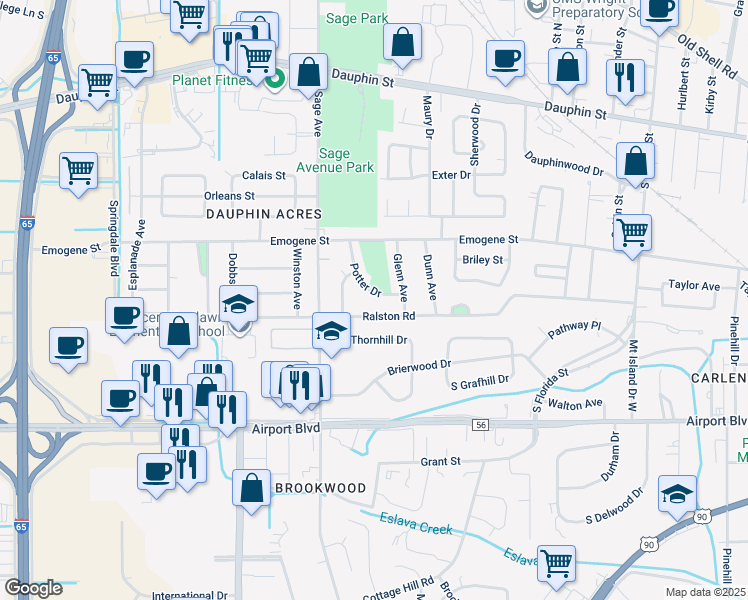 map of restaurants, bars, coffee shops, grocery stores, and more near 2855 Potter Drive in Mobile