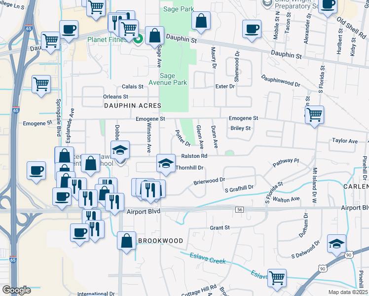 map of restaurants, bars, coffee shops, grocery stores, and more near 168 Potter Drive in Mobile