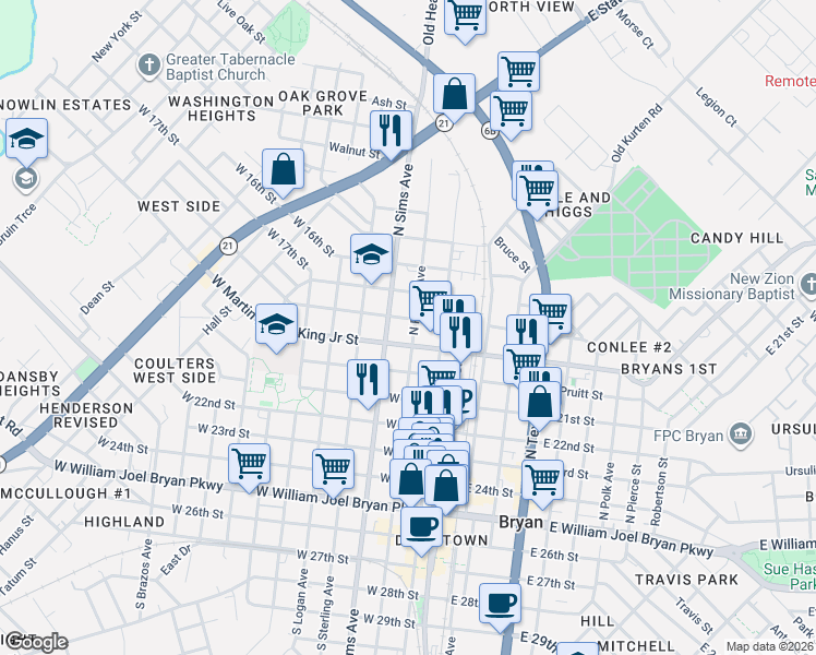map of restaurants, bars, coffee shops, grocery stores, and more near 307 West 18th Street in Bryan