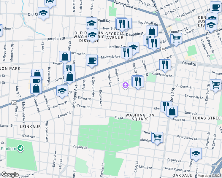 map of restaurants, bars, coffee shops, grocery stores, and more near Rapier Avenue in Mobile
