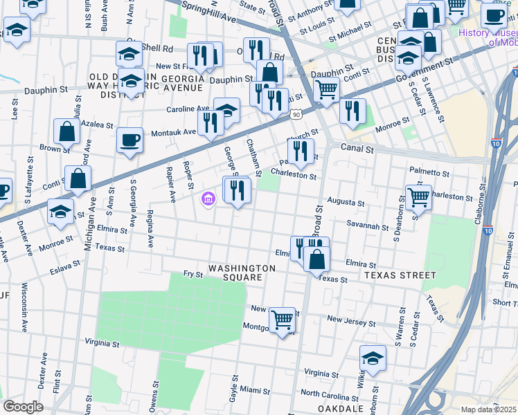 map of restaurants, bars, coffee shops, grocery stores, and more near 315 Chatham St in Mobile