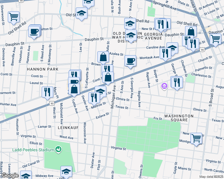 map of restaurants, bars, coffee shops, grocery stores, and more near 162 Michigan Avenue in Mobile