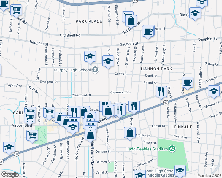 map of restaurants, bars, coffee shops, grocery stores, and more near 127 S Carlen St in Mobile