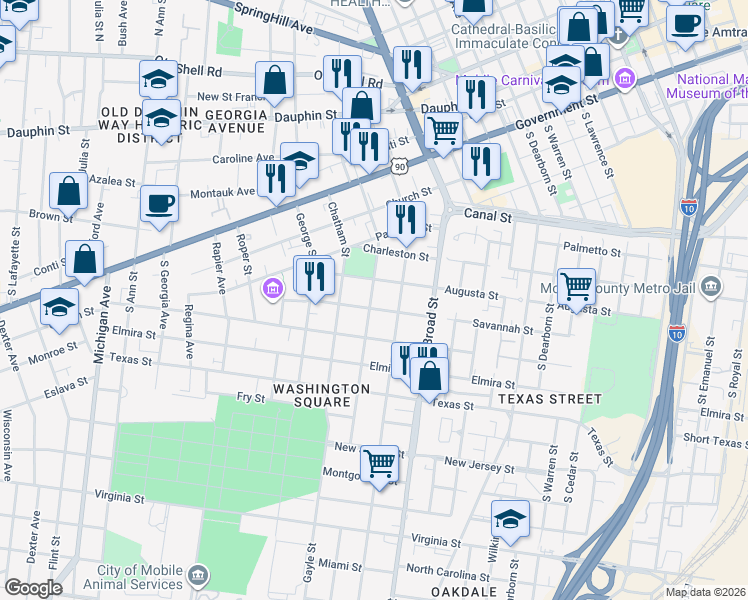 map of restaurants, bars, coffee shops, grocery stores, and more near 311 Charles Street in Mobile