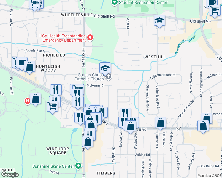 map of restaurants, bars, coffee shops, grocery stores, and more near 429 Evergreen Rd in Mobile