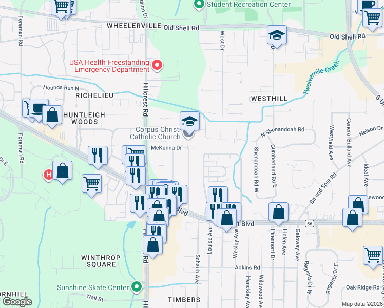 map of restaurants, bars, coffee shops, grocery stores, and more near 429 Evergreen Rd in Mobile