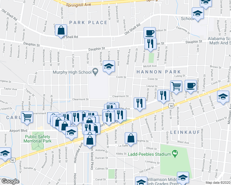 map of restaurants, bars, coffee shops, grocery stores, and more near 127 South Carlen Street in Mobile