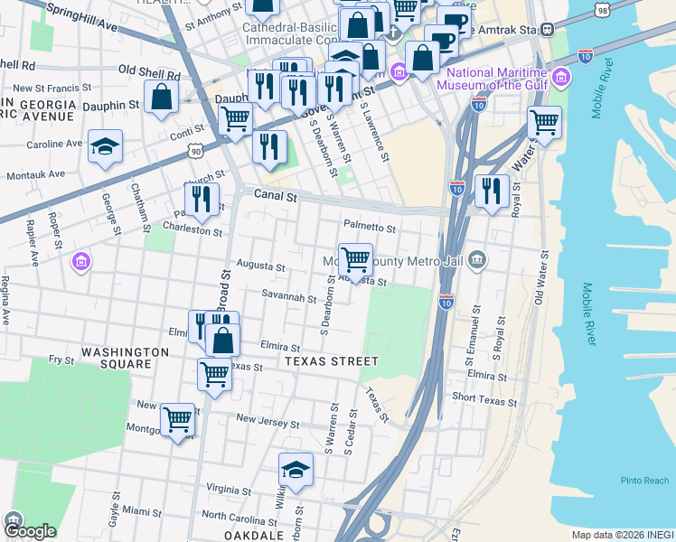 map of restaurants, bars, coffee shops, grocery stores, and more near 358 South Dearborn Street in Mobile