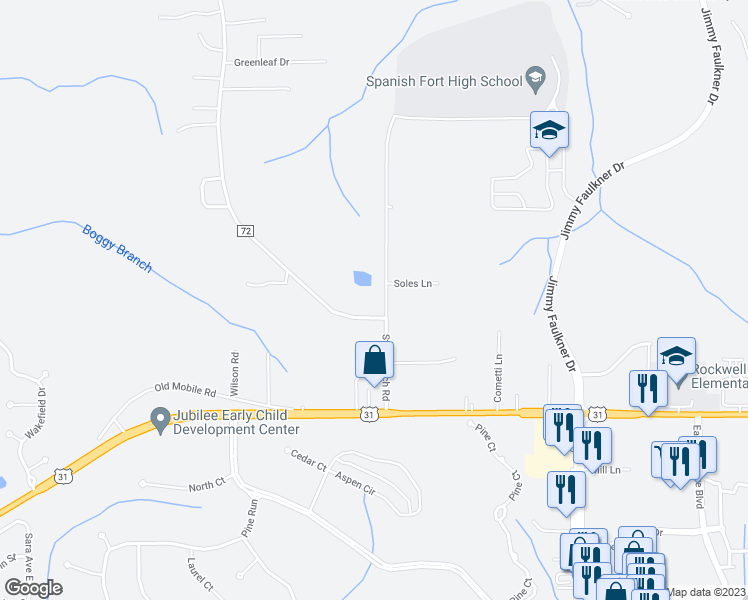 map of restaurants, bars, coffee shops, grocery stores, and more near 31331 Stagecoach Road in Spanish Fort