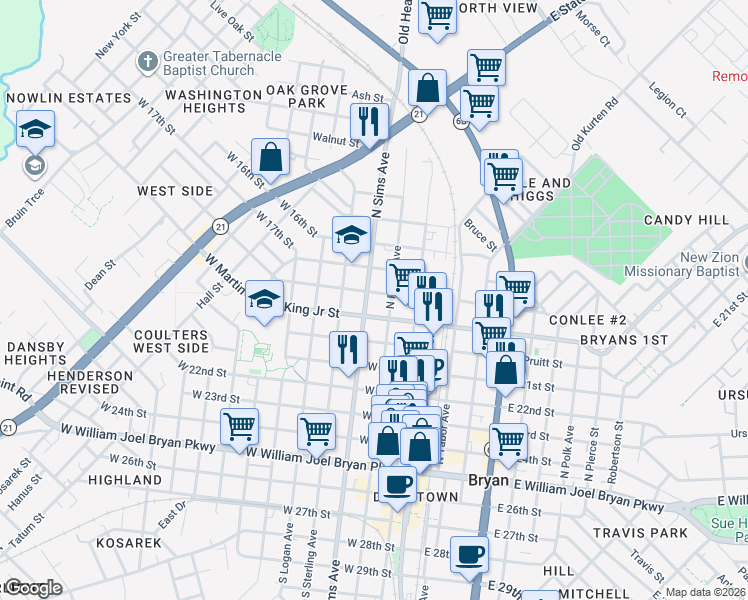 map of restaurants, bars, coffee shops, grocery stores, and more near 307 West 18th Street in Bryan