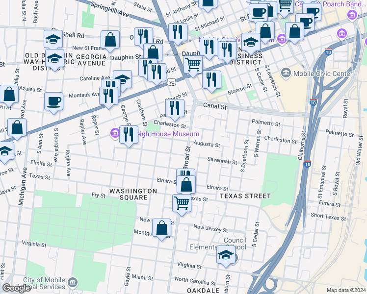 map of restaurants, bars, coffee shops, grocery stores, and more near 305 Marine Street in Mobile