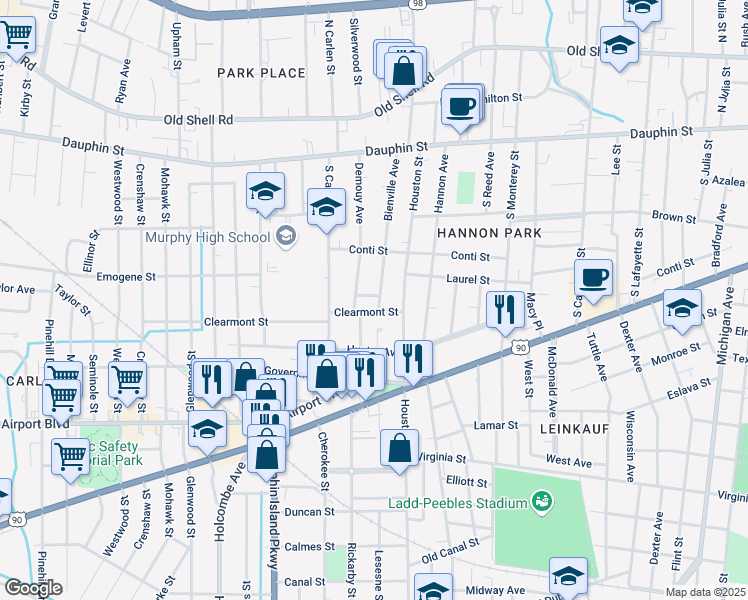 map of restaurants, bars, coffee shops, grocery stores, and more near 122 Bienville Avenue in Mobile