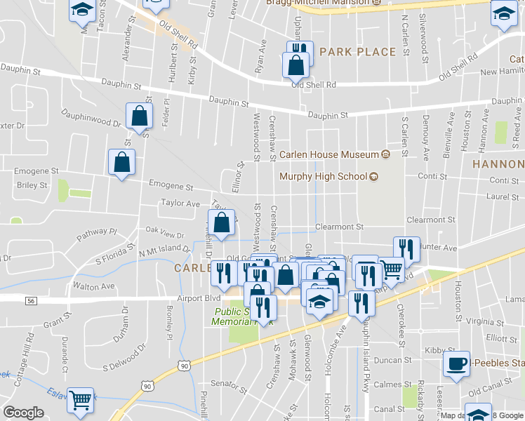 map of restaurants, bars, coffee shops, grocery stores, and more near 161 Westwood St in Mobile