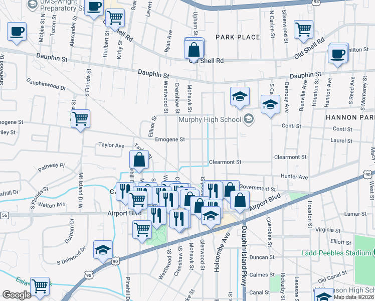 map of restaurants, bars, coffee shops, grocery stores, and more near 160 Mohawk Street in Mobile