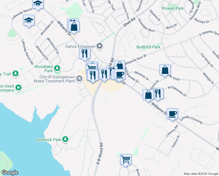map of restaurants, bars, coffee shops, grocery stores, and more near 4402 Williams Drive in Georgetown