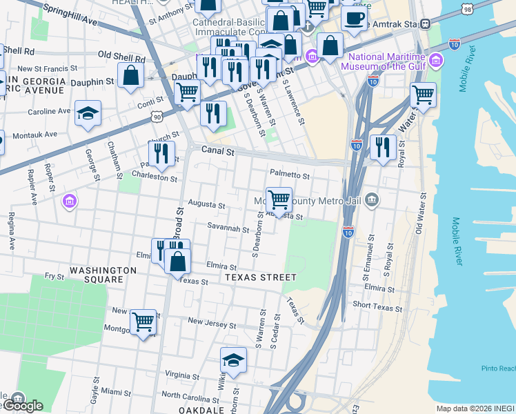 map of restaurants, bars, coffee shops, grocery stores, and more near 358 South Dearborn Street in Mobile