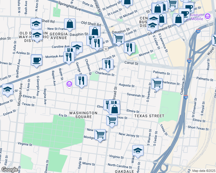 map of restaurants, bars, coffee shops, grocery stores, and more near 305 Marine Street in Mobile