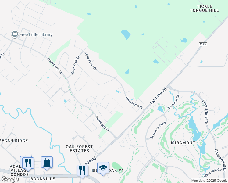 map of restaurants, bars, coffee shops, grocery stores, and more near 4675 River Garden Court in Bryan