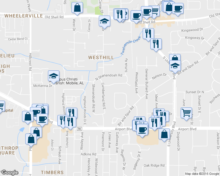 map of restaurants, bars, coffee shops, grocery stores, and more near 5963 Shenandoah Road South in Mobile