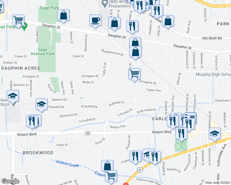 map of restaurants, bars, coffee shops, grocery stores, and more near 169 Stephens Street in Mobile