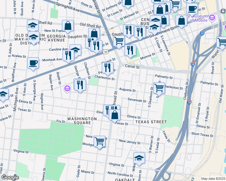 map of restaurants, bars, coffee shops, grocery stores, and more near 304 South Broad Street in Mobile