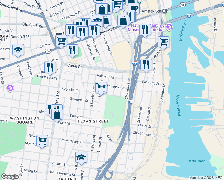 map of restaurants, bars, coffee shops, grocery stores, and more near 408S South Lawrence Street in Mobile