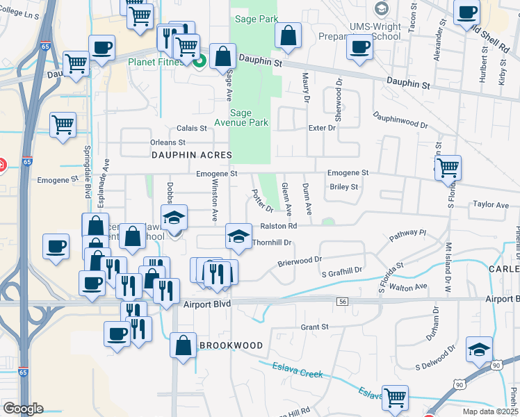 map of restaurants, bars, coffee shops, grocery stores, and more near 168 Potter Drive in Mobile