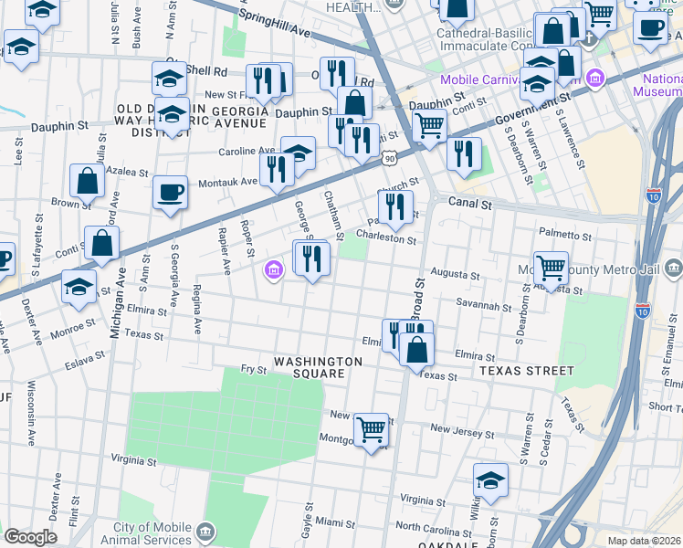 map of restaurants, bars, coffee shops, grocery stores, and more near 315 Chatham Street in Mobile