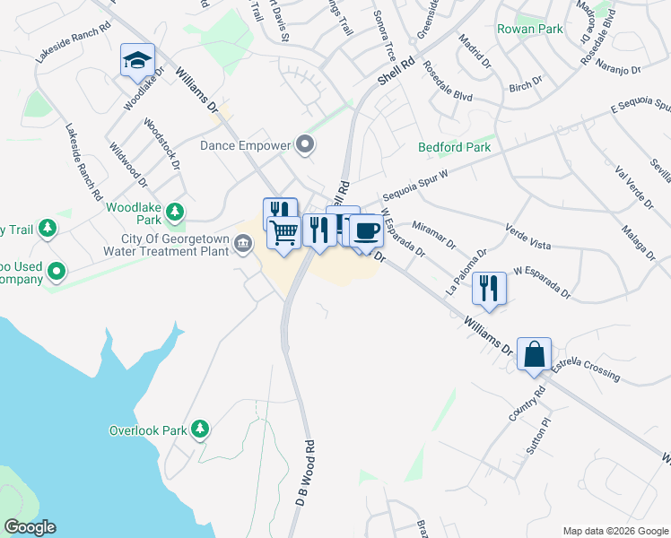 map of restaurants, bars, coffee shops, grocery stores, and more near 4402 Williams Drive in Georgetown