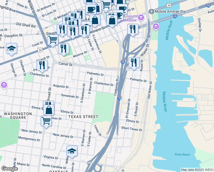 map of restaurants, bars, coffee shops, grocery stores, and more near 455 Charleston Street in Mobile