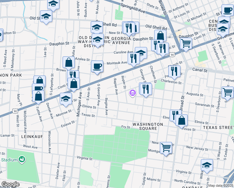 map of restaurants, bars, coffee shops, grocery stores, and more near Rapier Avenue in Mobile