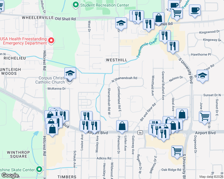 map of restaurants, bars, coffee shops, grocery stores, and more near 550 E Cumberland Rd in Mobile