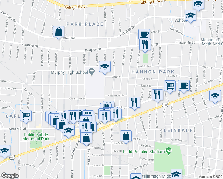 map of restaurants, bars, coffee shops, grocery stores, and more near 118 Demouy Avenue in Mobile