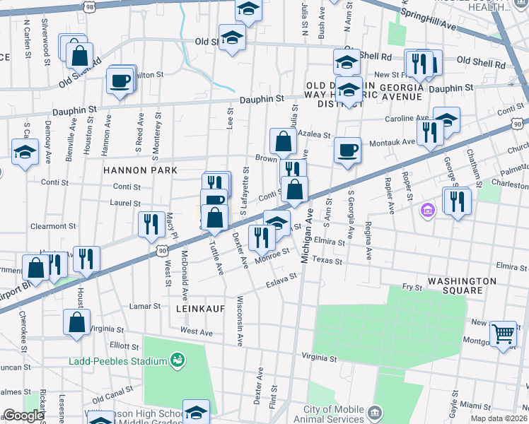 map of restaurants, bars, coffee shops, grocery stores, and more near 1412 Government Street in Mobile