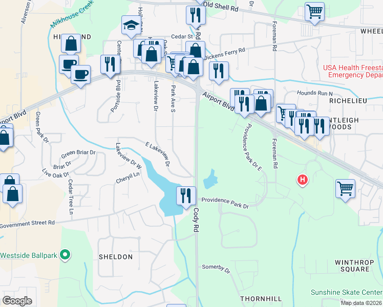 map of restaurants, bars, coffee shops, grocery stores, and more near 445-499 Cody Road in Mobile