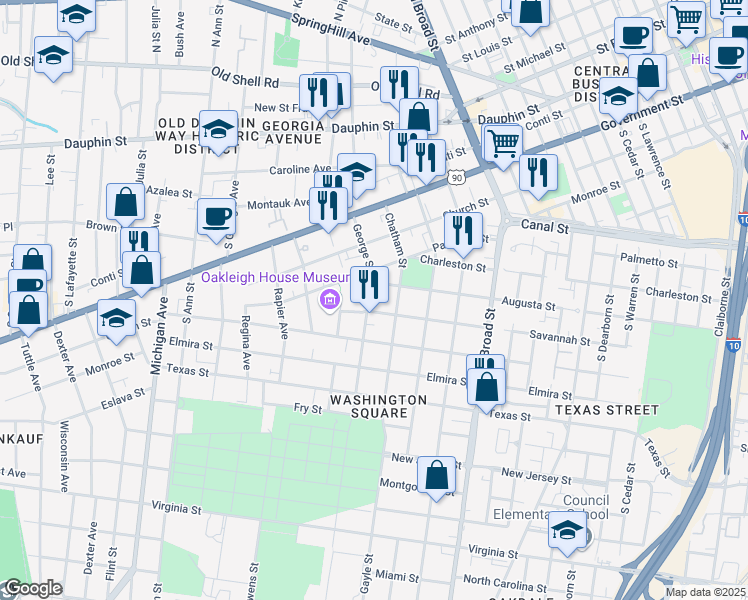 map of restaurants, bars, coffee shops, grocery stores, and more near 307 George Street in Mobile